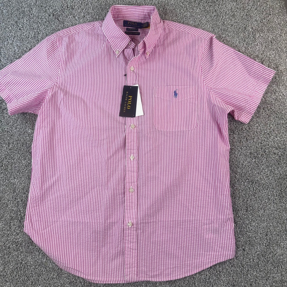 Polo Ralph Lauren Shirt Men Medium Pink Seersucker Stripe Untuck Fit Wrinkle NEW - Picture 2 of 10